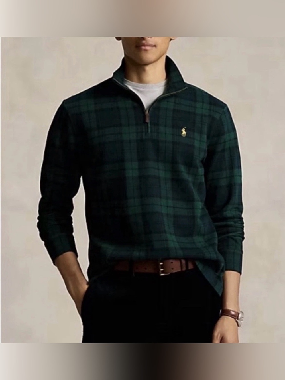 Polo Ralph Lauren pullover mens Medium green plaid 1/4 zip estate rid sweatshirt